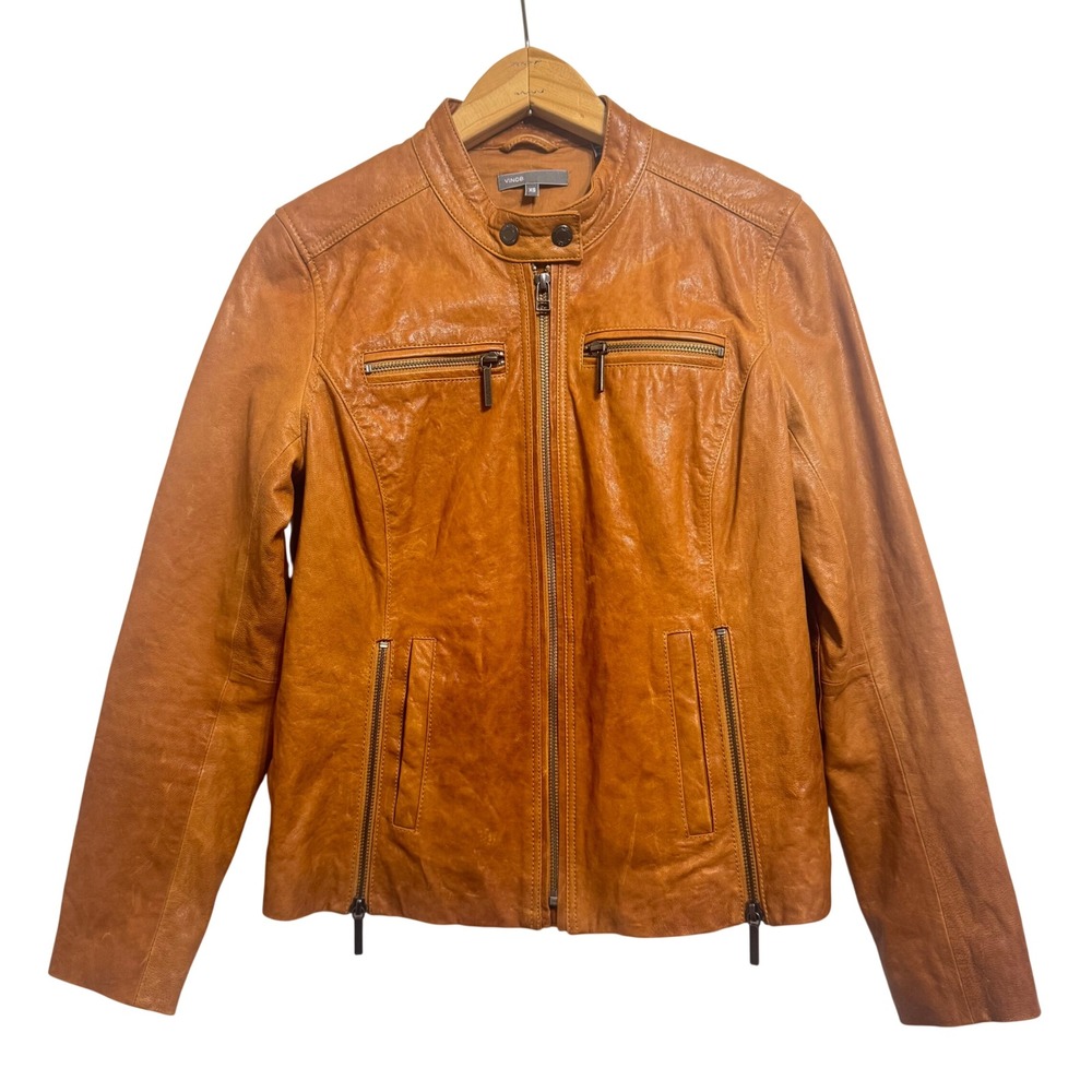 Vince Leather Zip Up Moto Biker‎ Jacket Camel Brown Tan XS